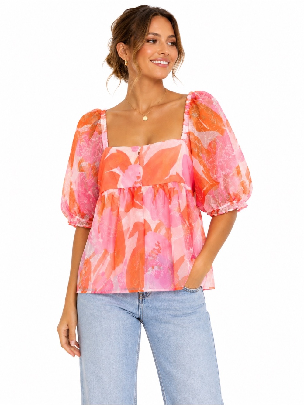 NWT TCEC Boutique Babydoll Puffy Sleeves Zip Back Lined Top Size Large
